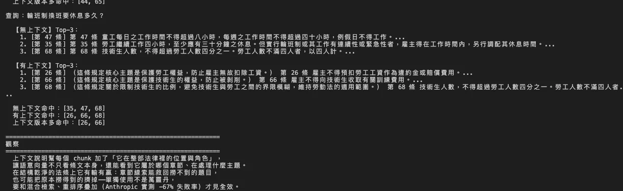 上下文檢索執行結果(下):「輪班制換班」無上下文本來有第 35 條,加了上下文反而掉成第 26 條